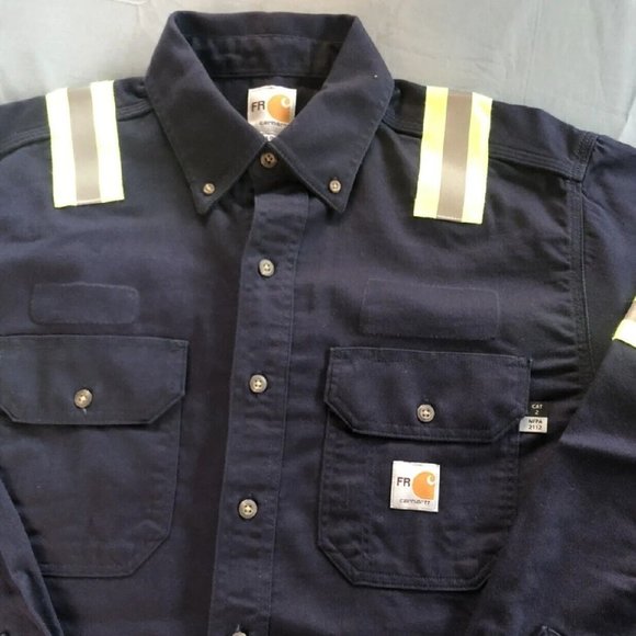 Carhartt FR Button Down Navy Blue Safety Cotton shirts 2XL-Reg ARC 2 NFPA - Picture 1 of 4